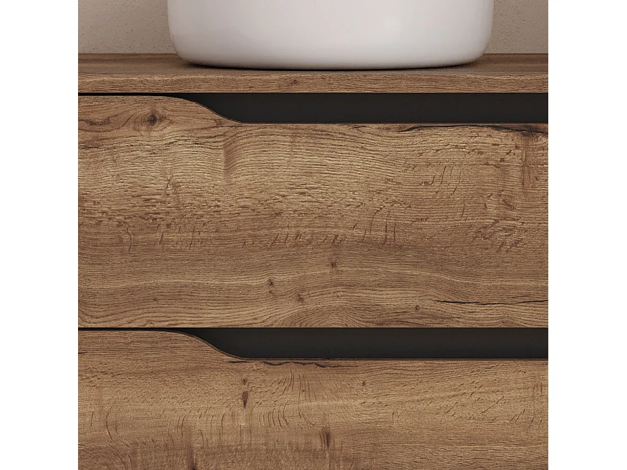 Meuble de salle de bain 80cm avec plateau, vasque à poser déportée à gauche Ares et miroir - 2 tiroirs et un placard - tabaco (bois foncé) - ZARZA