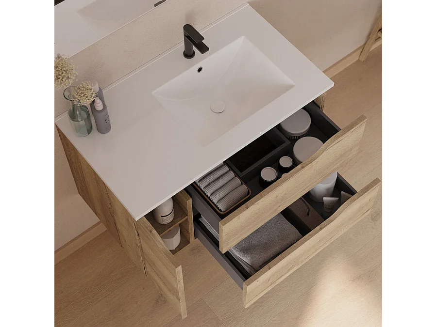 Meuble de salle de bain 80cm avec vasque déportée à droite - sans miroir - 2 tiroirs et un placard - madera miel (bois clair) - ZARZA