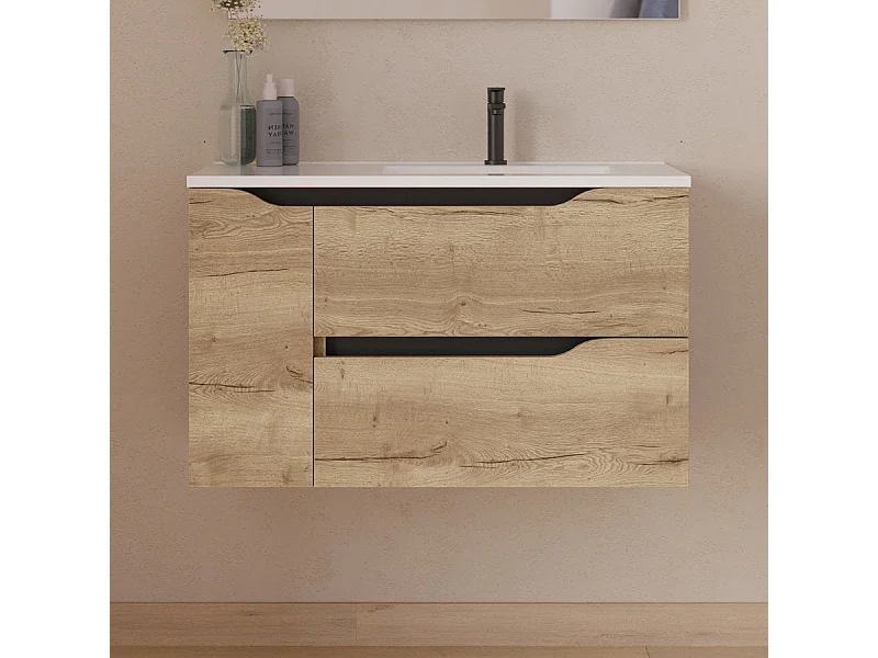 Meuble de salle de bain 80cm avec vasque déportée à droite - sans miroir - 2 tiroirs et un placard - madera miel (bois clair) - ZARZA
