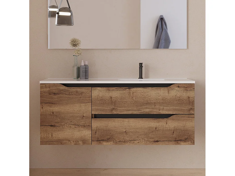 Meuble de salle de bain 120cm avec vasque déportée à droite - sans miroir - 2 tiroirs et un placard - tabaco (bois foncé) - ZARZA