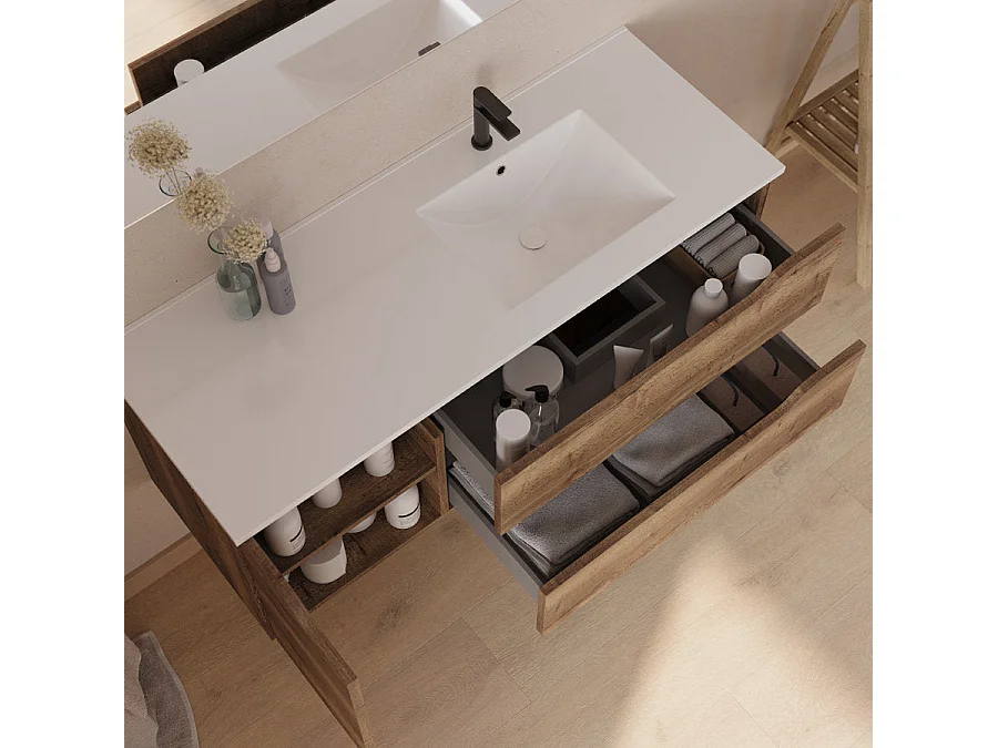 Meuble de salle de bain 120cm avec vasque déportée à droite - sans miroir - 2 tiroirs et un placard - tabaco (bois foncé) - ZARZA