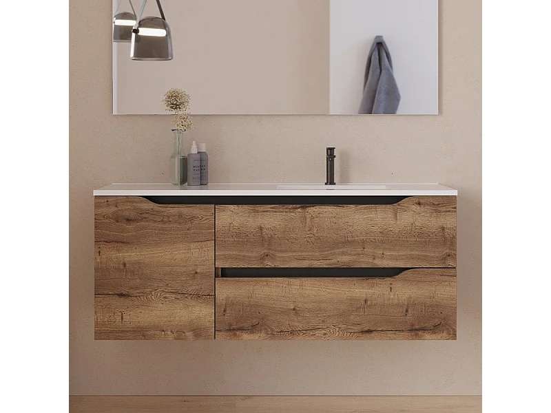 Meuble de salle de bain 120cm avec vasque déportée à droite - sans miroir - 2 tiroirs et un placard - tabaco (bois foncé) - ZARZA