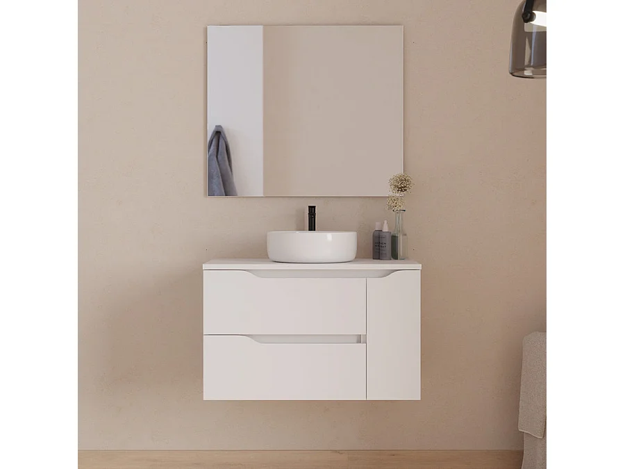 Meuble de salle de bain 80cm avec plateau et vasque à poser centrée Ares - sans miroir - 2 tiroirs et un placard - blanc - ZARZA