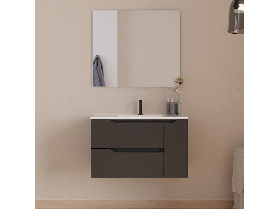 Meuble de salle de bain 80cm avec vasque centrée - 2 tiroirs et un placard - noir - ZARZA