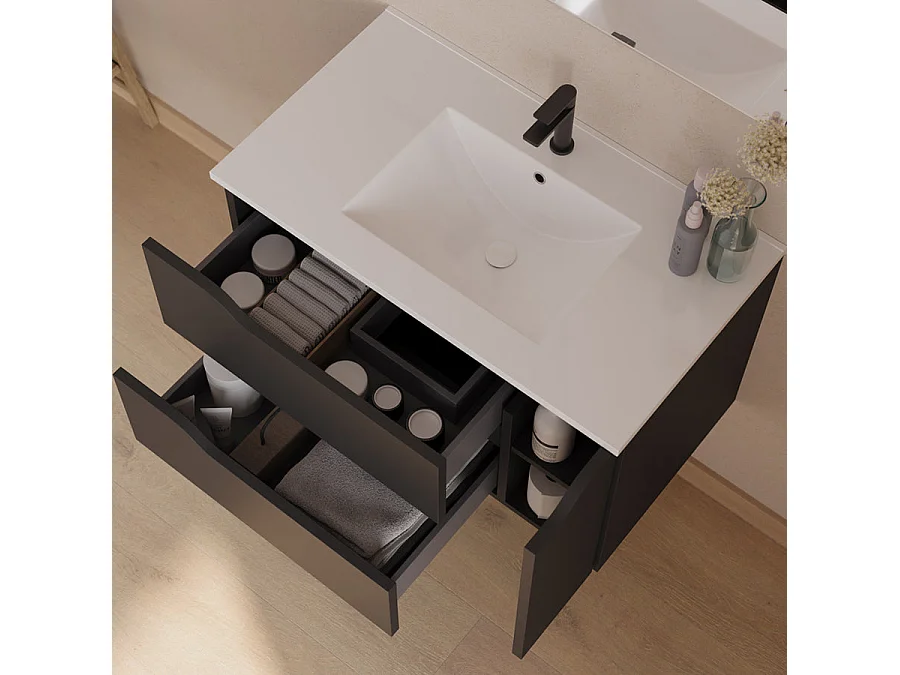 Meuble de salle de bain 80cm avec vasque centrée - 2 tiroirs et un placard - noir - ZARZA