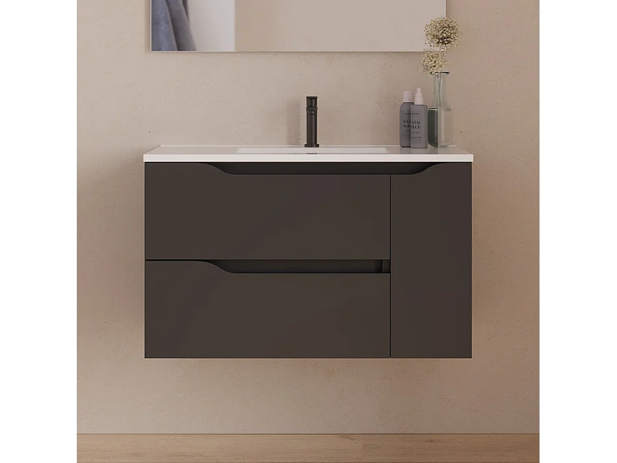 Meuble de salle de bain 80cm avec vasque centrée - 2 tiroirs et un placard - noir - ZARZA