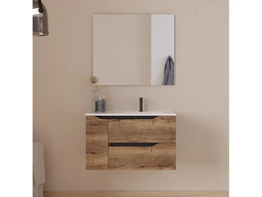 Meuble de salle de bain 80cm avec vasque déportée à droite et miroir - 2 tiroirs et un placard - tabaco (bois foncé) - ZARZA