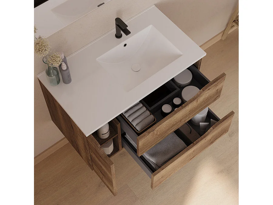 Meuble de salle de bain 80cm avec vasque déportée à droite et miroir - 2 tiroirs et un placard - tabaco (bois foncé) - ZARZA