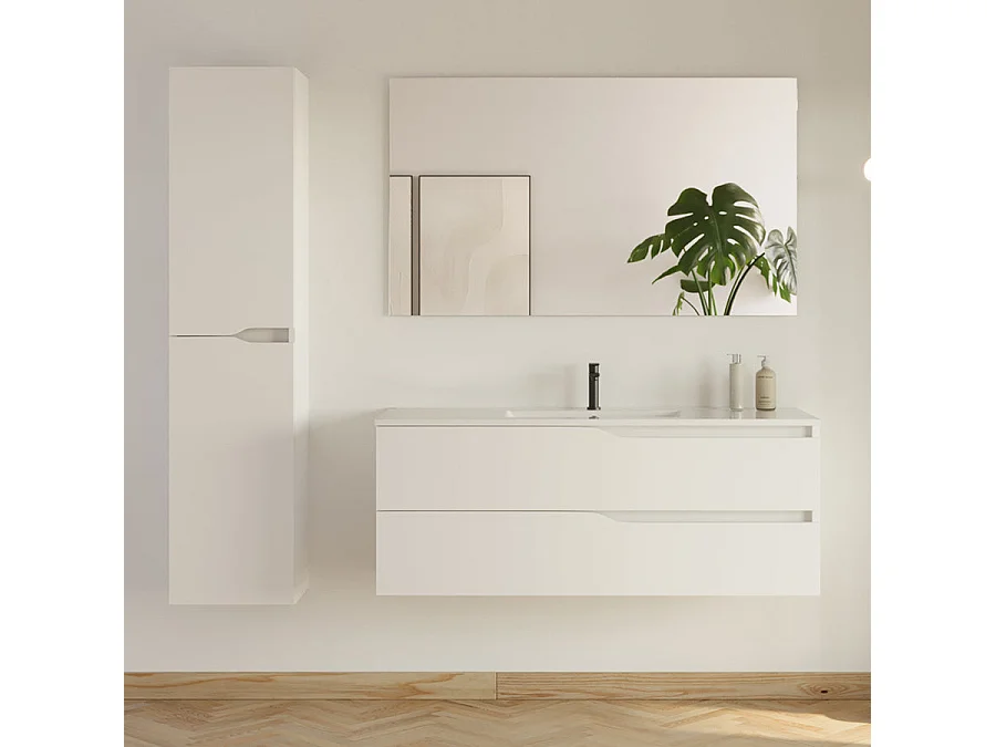 Meuble de salle de bain 120cm avec double vasque - 2 tiroirs et colonne de rangement - blanc mat - LUNA