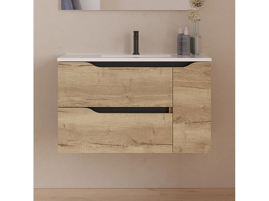 Meuble de salle de bain 80cm avec vasque centrée - sans miroir - 2 tiroirs et un placard - madera miel (bois clair) - ZARZA