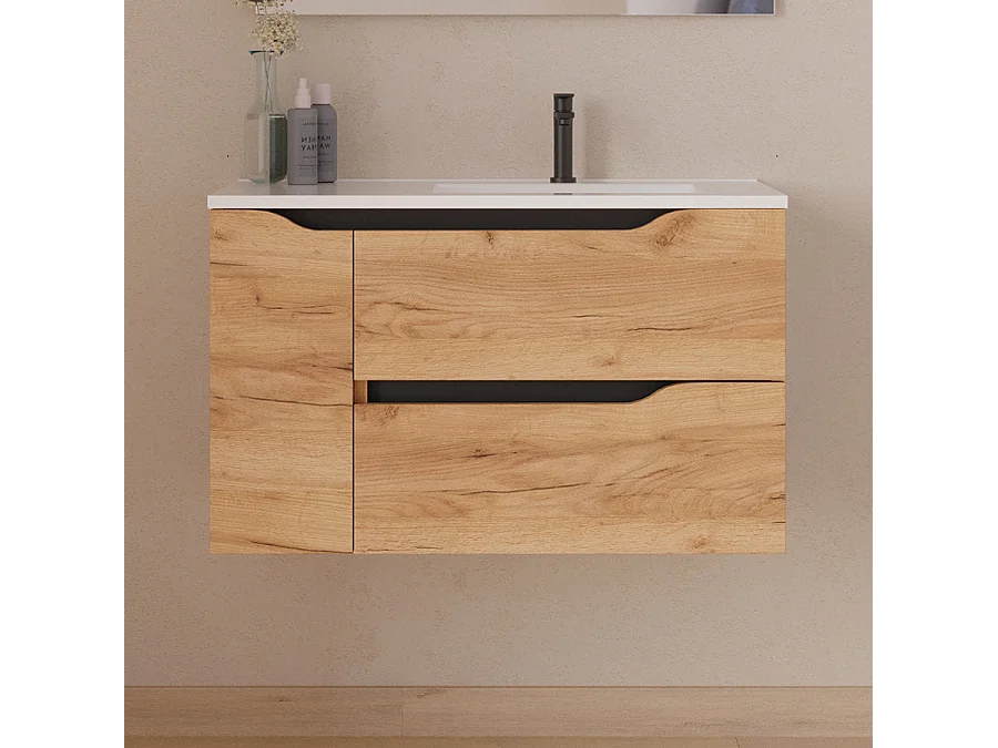 Meuble de salle de bain 80cm avec vasque déportée à droite et miroir - 2 tiroirs et un placard - roble (chêne clair) - ZARZA