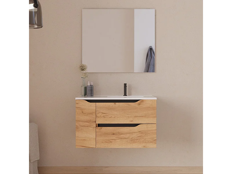 Meuble de salle de bain 80cm avec vasque déportée à droite et miroir - 2 tiroirs et un placard - roble (chêne clair) - ZARZA