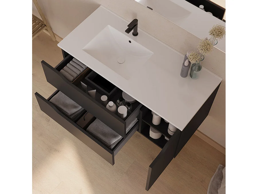 Meuble de salle de bain 100cm avec vasque déportée à gauche et miroir - 2 tiroirs et un placard - noir - ZARZA