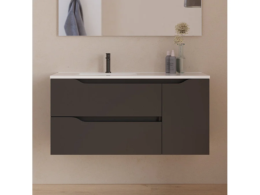 Meuble de salle de bain 100cm avec vasque déportée à gauche et miroir - 2 tiroirs et un placard - noir - ZARZA