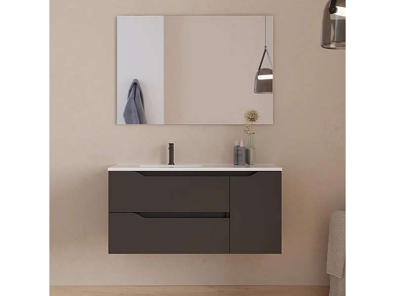 Meuble de salle de bain 100cm avec vasque déportée à gauche et miroir - 2 tiroirs et un placard - noir - ZARZA