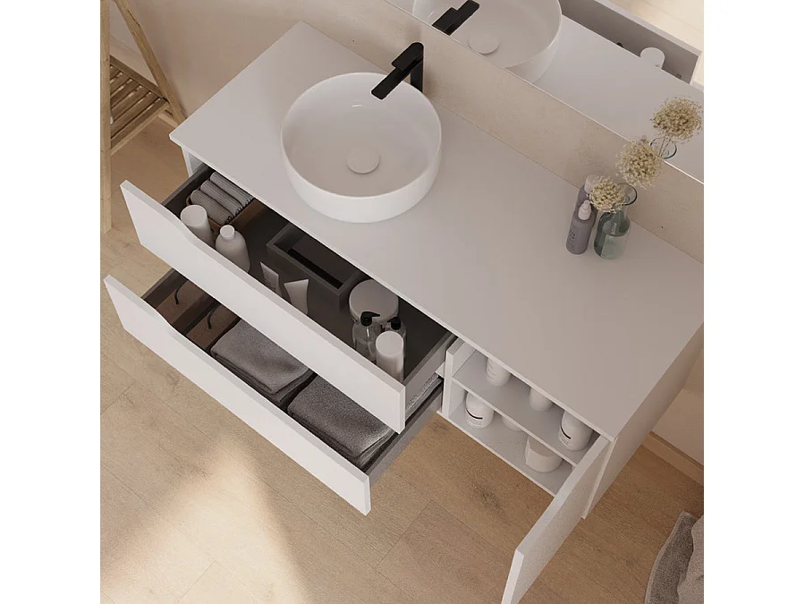Meuble de salle de bain 120cm avec plateau et vasque à poser à gauche Ares - sans miroir - 2 tiroirs et un placard - blanc - ZARZA