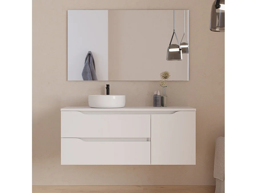 Meuble de salle de bain 120cm avec plateau et vasque à poser à gauche Ares - sans miroir - 2 tiroirs et un placard - blanc - ZARZA