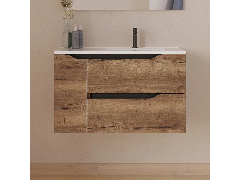 Meuble de salle de bain 80cm avec vasque déportée à droite - sans miroir - 2 tiroirs et un placard - tabaco (bois foncé) - ZARZA