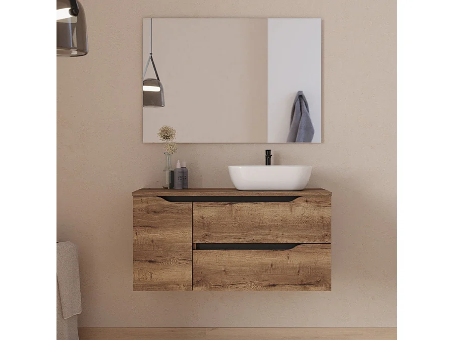 Meuble de salle de bain 100cm avec plateau et vasque à poser à droite Zeus - sans miroir - 2 tiroirs et un placard - tabaco (bois foncé) - ZARZA