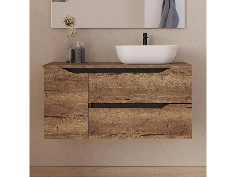 Meuble de salle de bain 100cm avec plateau et vasque à poser à droite Zeus - sans miroir - 2 tiroirs et un placard - tabaco (bois foncé) - ZARZA