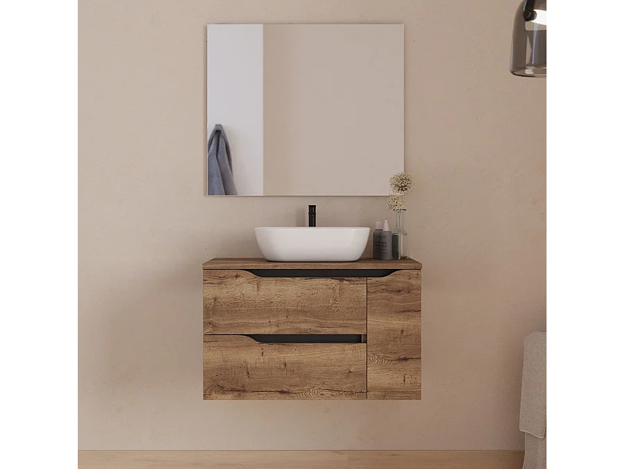 Meuble de salle de bain 80cm avec plateau, vasque à poser centrée Zeus et miroir - 2 tiroirs et un placard - tabaco (bois foncé) - ZARZA