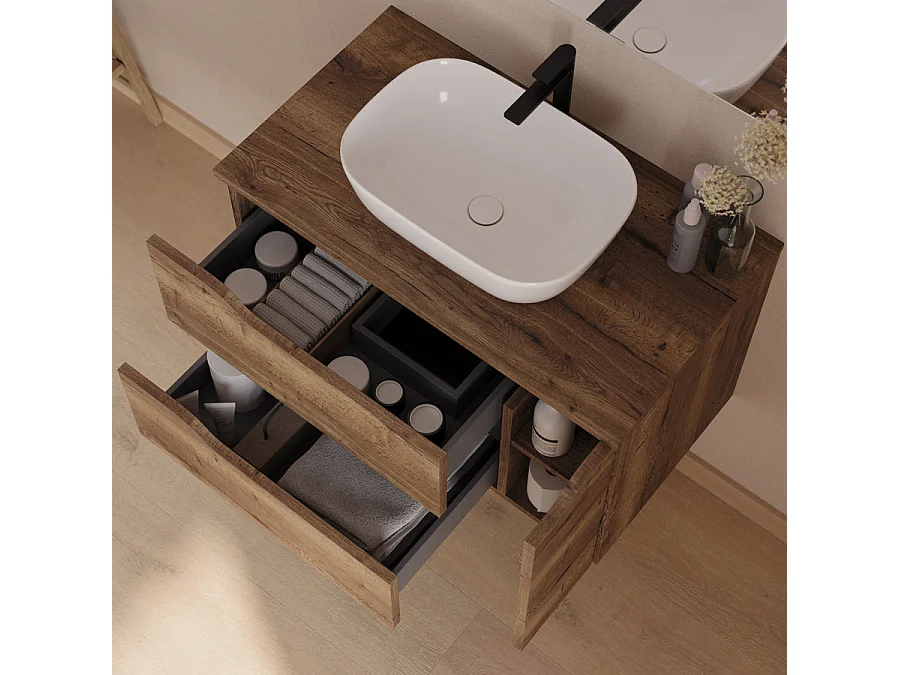 Meuble de salle de bain 80cm avec plateau, vasque à poser centrée Zeus et miroir - 2 tiroirs et un placard - tabaco (bois foncé) - ZARZA