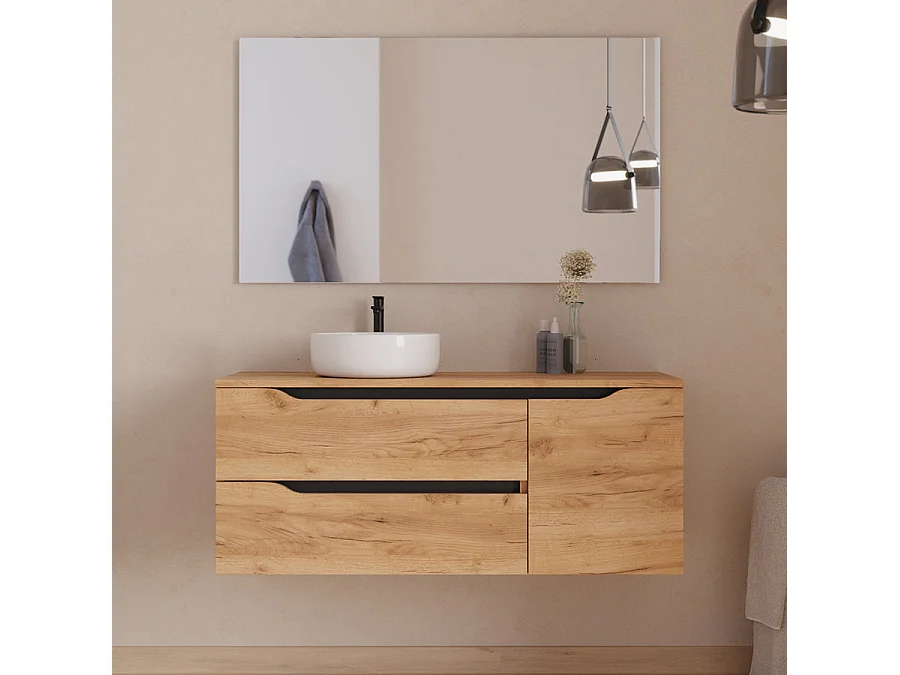 Meuble de salle de bain 120cm avec plateau, vasque à poser déportée à gauche Ares et miroir - 2 tiroirs et un placard - roble (chêne clair) - ZARZA