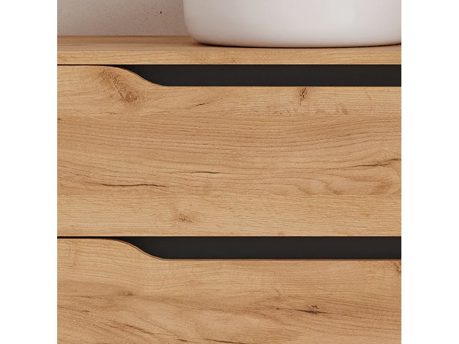 Meuble de salle de bain 120cm avec plateau, vasque à poser déportée à gauche Ares et miroir - 2 tiroirs et un placard - roble (chêne clair) - ZARZA