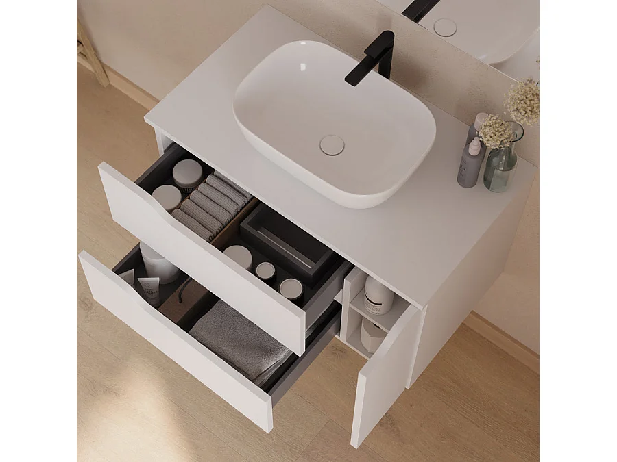 Meuble de salle de bain 80cm avec plateau, vasque à poser centrée Zeus et miroir - 2 tiroirs et un placard - blanc - ZARZA