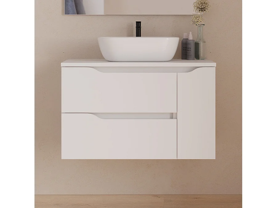 Meuble de salle de bain 80cm avec plateau, vasque à poser centrée Zeus et miroir - 2 tiroirs et un placard - blanc - ZARZA
