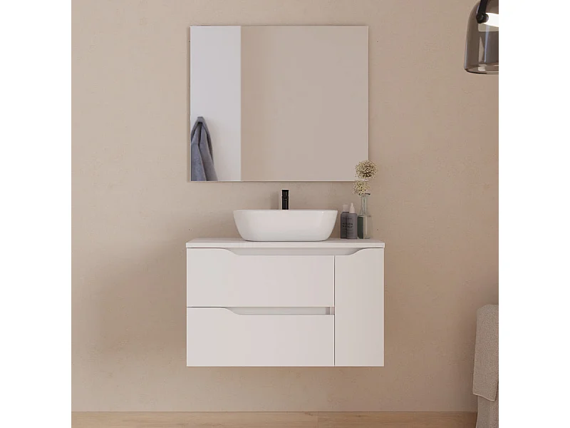 Meuble de salle de bain 80cm avec plateau, vasque à poser centrée Zeus et miroir - 2 tiroirs et un placard - blanc - ZARZA