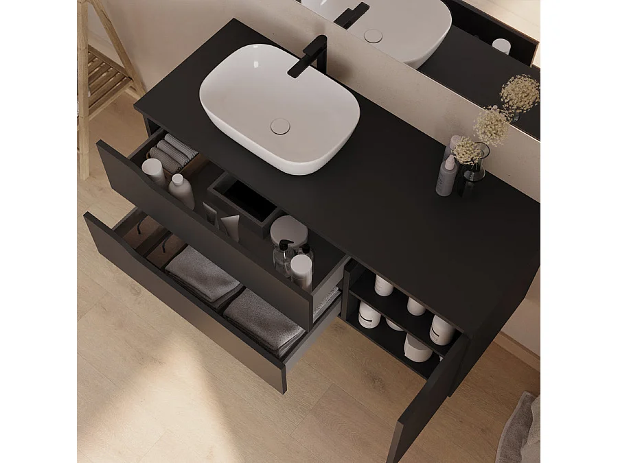 Meuble de salle de bain 120cm avec plateau, vasque à poser déportée à gauche Zeus et miroir - 2 tiroirs et un placard - noir - ZARZA