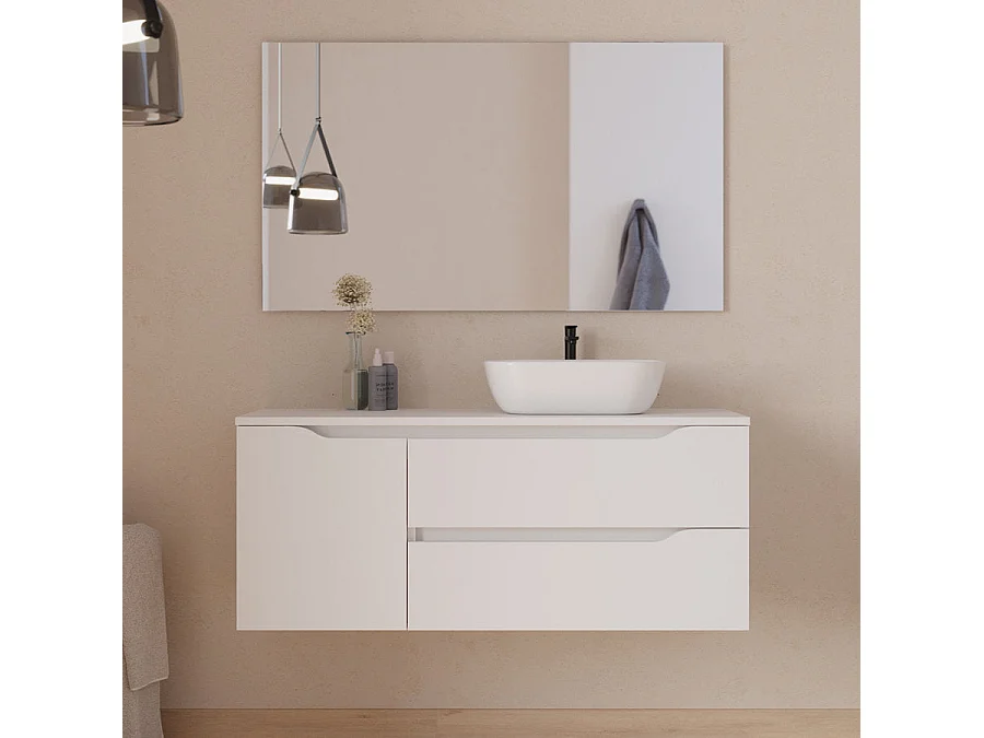 Meuble de salle de bain 120cm avec plateau, vasque à poser déportée à droite Zeus et miroir - 2 tiroirs et un placard - blanc - ZARZA