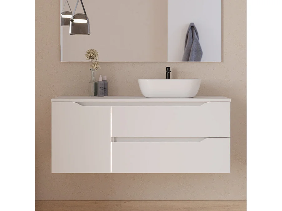 Meuble de salle de bain 120cm avec plateau, vasque à poser déportée à droite Zeus et miroir - 2 tiroirs et un placard - blanc - ZARZA