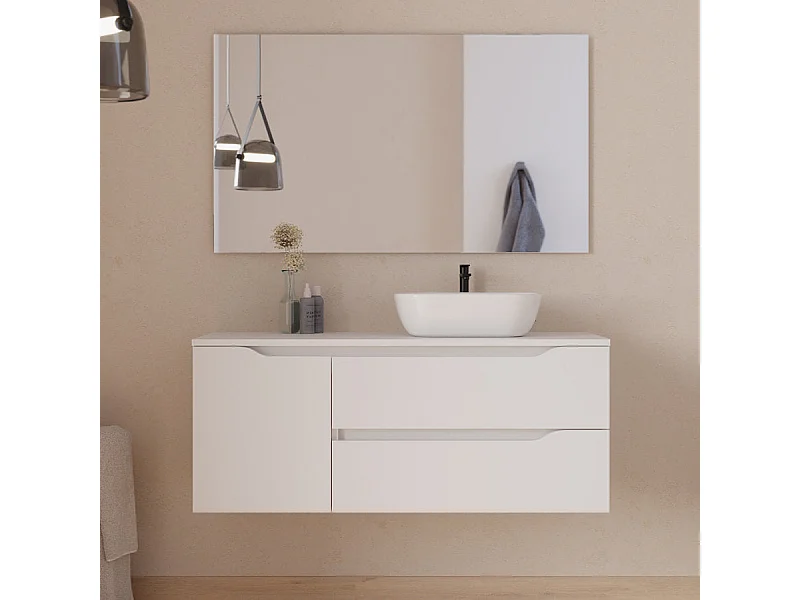 Meuble de salle de bain 120cm avec plateau, vasque à poser déportée à droite Zeus et miroir - 2 tiroirs et un placard - blanc - ZARZA