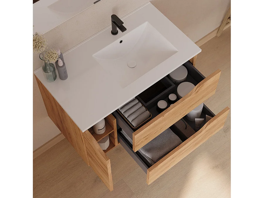 Meuble de salle de bain 80cm avec vasque déportée à droite - sans miroir - 2 tiroirs et un placard - roble (chêne clair) - ZARZA
