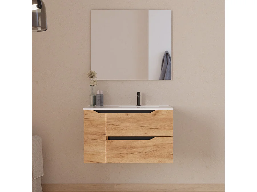 Meuble de salle de bain 80cm avec vasque déportée à droite - sans miroir - 2 tiroirs et un placard - roble (chêne clair) - ZARZA