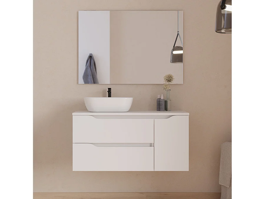 Meuble de salle de bain 100cm avec plateau et vasque à poser à gauche Zeus - sans miroir - 2 tiroirs et un placard - blanc - ZARZA
