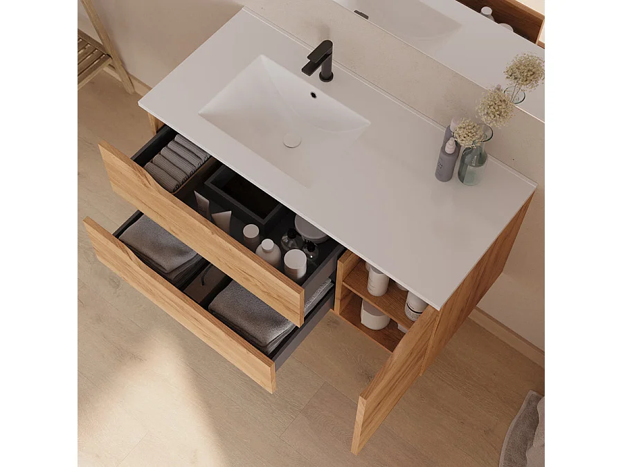 Meuble de salle de bain 100cm avec vasque déportée à gauche et miroir - 2 tiroirs et un placard - roble (chêne clair) - ZARZA