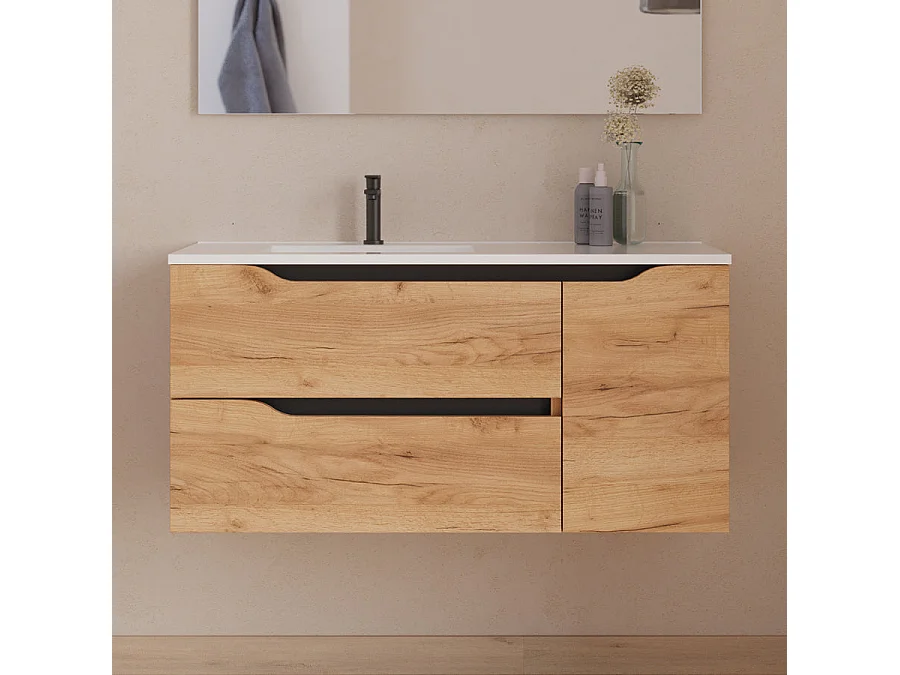 Meuble de salle de bain 100cm avec vasque déportée à gauche et miroir - 2 tiroirs et un placard - roble (chêne clair) - ZARZA