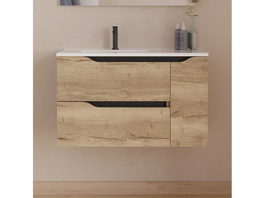 Meuble de salle de bain 80cm avec vasque déportée à gauche - sans miroir - 2 tiroirs et un placard - madera miel (bois clair) - ZARZA