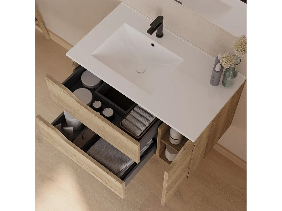 Meuble de salle de bain 80cm avec vasque déportée à gauche - sans miroir - 2 tiroirs et un placard - madera miel (bois clair) - ZARZA