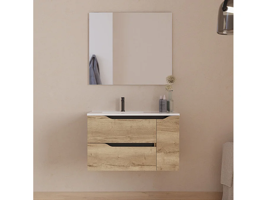 Meuble de salle de bain 80cm avec vasque déportée à gauche - sans miroir - 2 tiroirs et un placard - madera miel (bois clair) - ZARZA