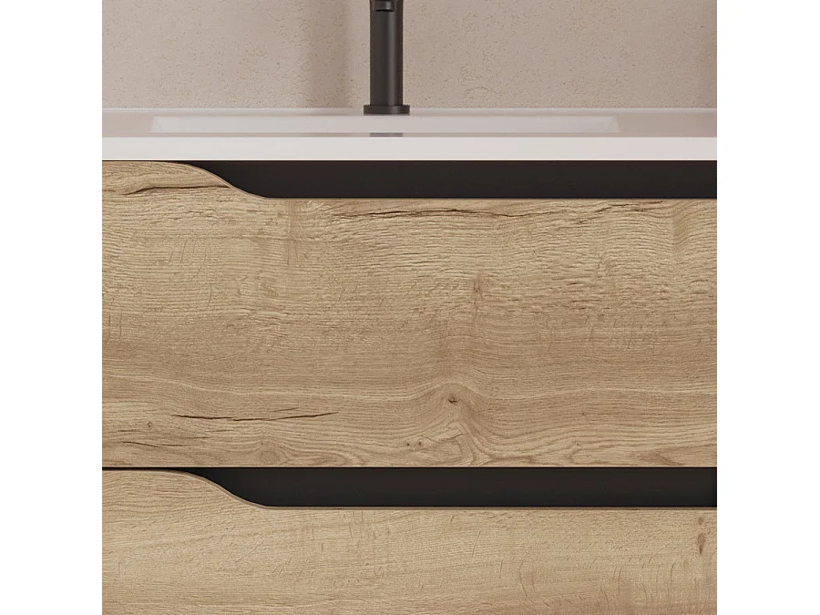 Meuble de salle de bain 80cm avec vasque déportée à gauche - sans miroir - 2 tiroirs et un placard - madera miel (bois clair) - ZARZA