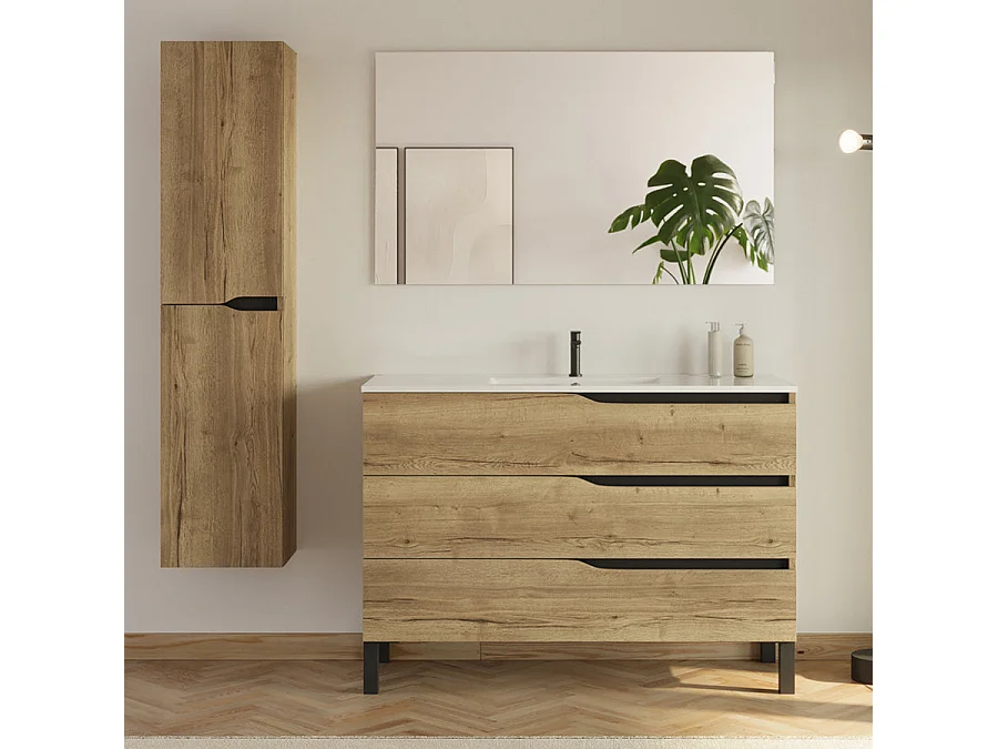 Meuble de salle de bain 120cm avec simple vasque - 3 tiroirs et colonne de rangement - madera miel (bois clair) - MATA