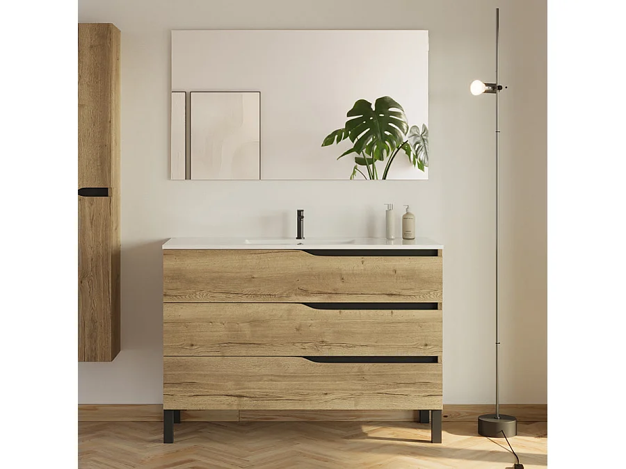 Meuble de salle de bain 120cm avec simple vasque - 3 tiroirs et colonne de rangement - madera miel (bois clair) - MATA
