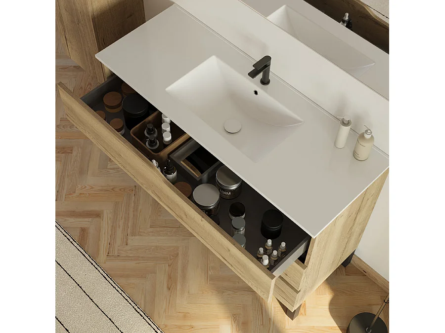 Meuble de salle de bain 120cm avec simple vasque - 3 tiroirs et colonne de rangement - madera miel (bois clair) - MATA
