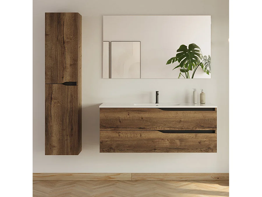 Meuble de salle de bain 120cm avec double vasque - 2 tiroirs et colonne de rangement - tabaco (chêne foncé) - LUNA