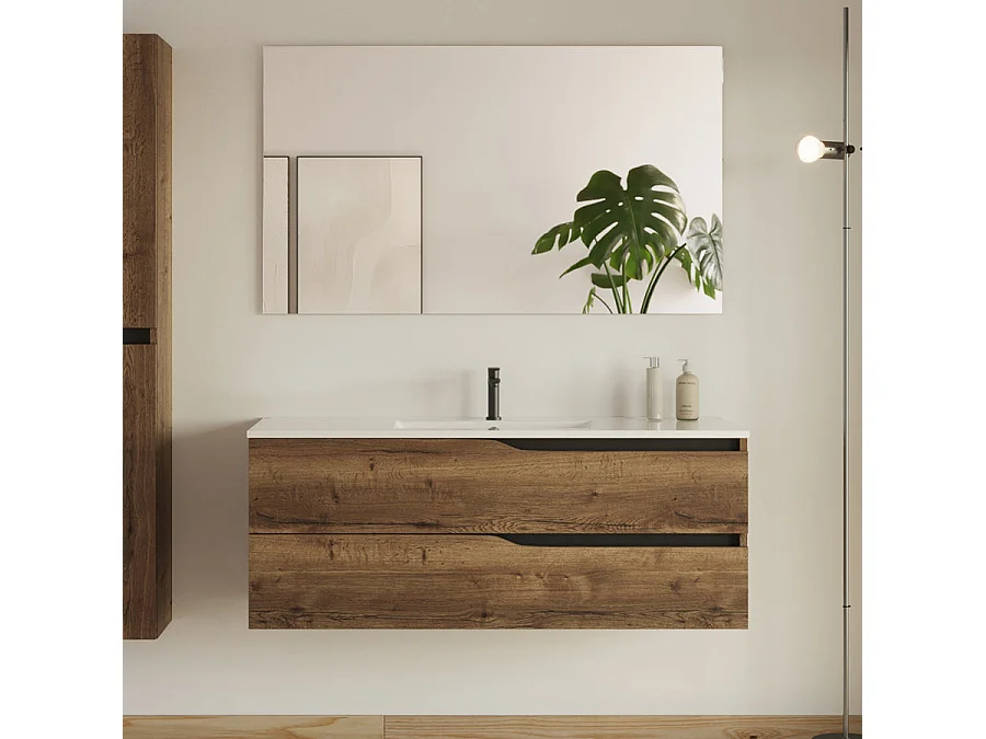 Meuble de salle de bain 120cm avec double vasque - 2 tiroirs et colonne de rangement - tabaco (chêne foncé) - LUNA