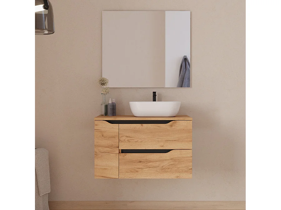 Meuble de salle de bain 80cm avec plateau, vasque à poser déportée à droite Zeus et miroir - 2 tiroirs et un placard - roble (chêne clair) - ZARZA